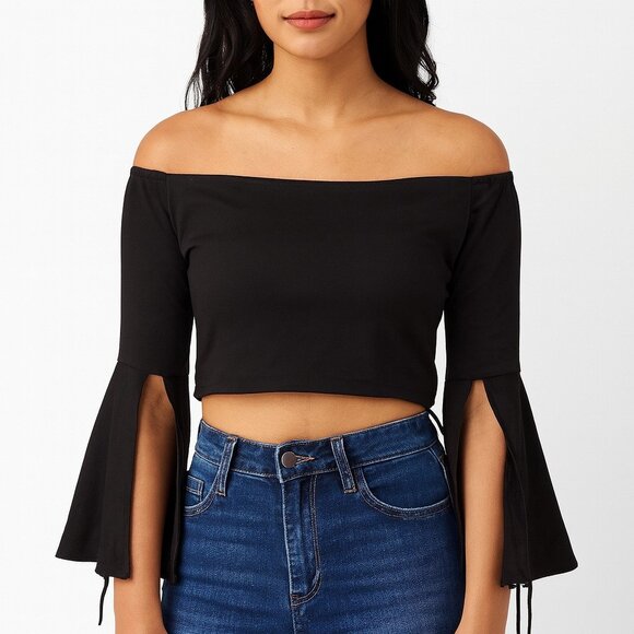seek Tops - SEEK Women's Black Long Sleeve Split Sleeve Crop Top Size M